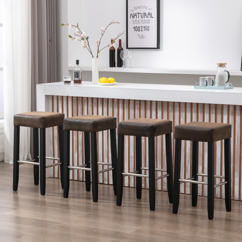 Barstool, Brown Fabric and Black Wood Finish,2-Pcs Set