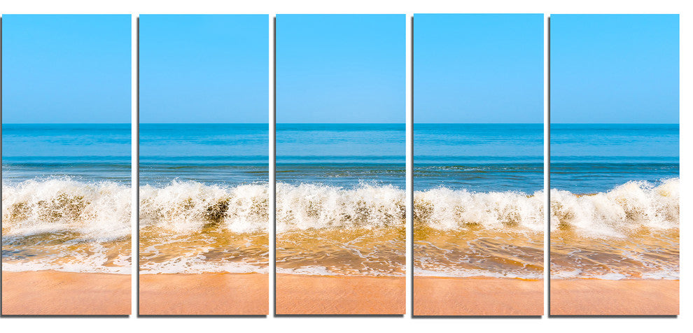 "Beautiful Blue Sea And Roaring Waves" Beach Canvas Wall Art, 5 Panels, 60"x28"
