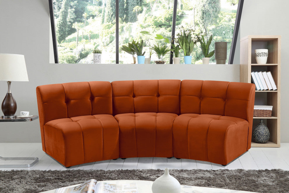 Limitless Velvet Upholstered 3-Piece Modular Sectional, Cognac