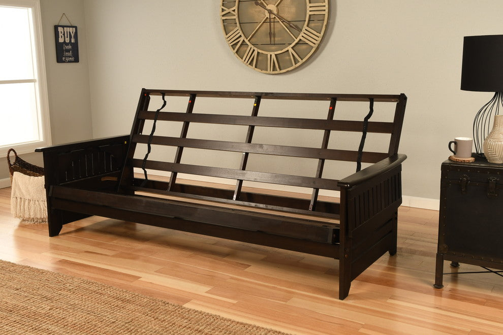 Mesa Frame Queen Futon With Espresso Finish, Espresso, Suede Peat Brown