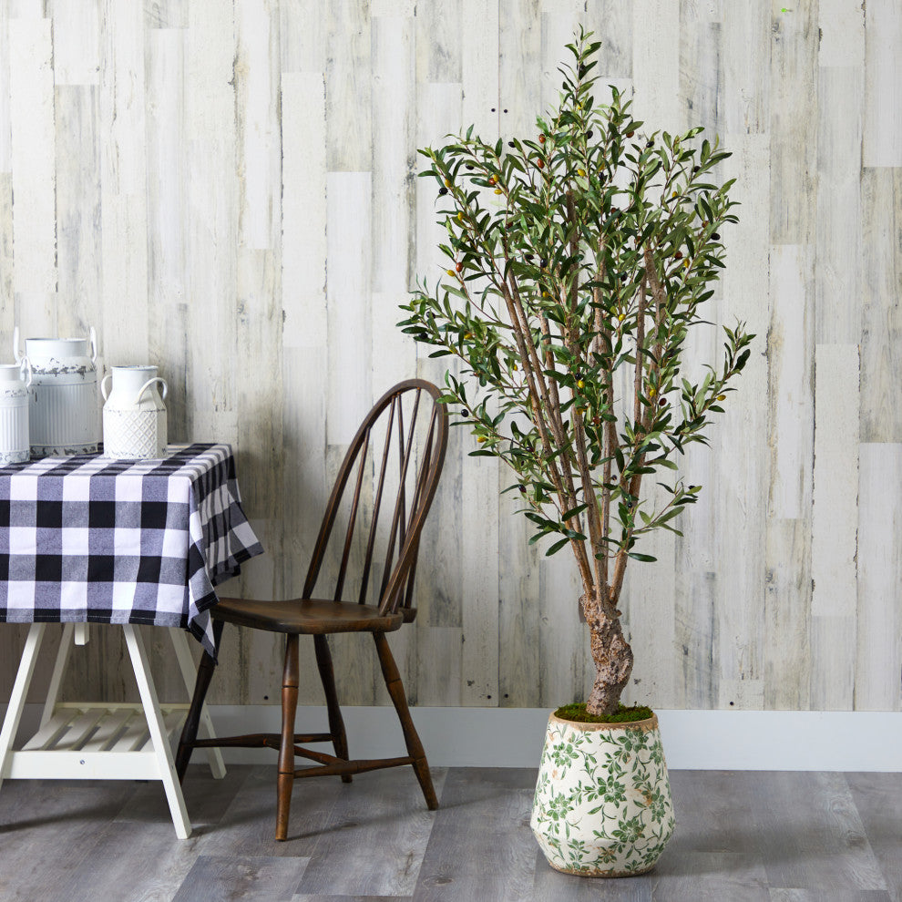 62" Olive Artificial Tree, Floral Print Planter