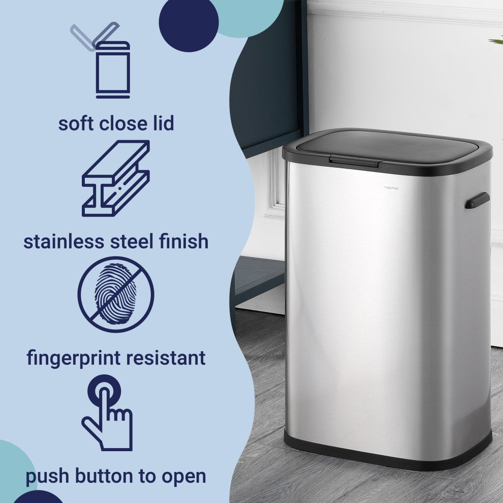 Tammi Kitchen 14.5-Gallon Slim Metal Push Button Trash Can, Silver
