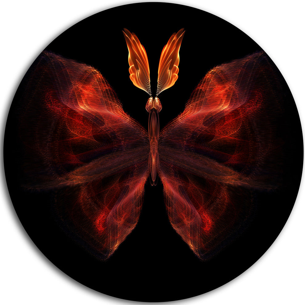 Red Fractal Butterfly In Dark, Abstract Art Round Metal Wall Art, 11"