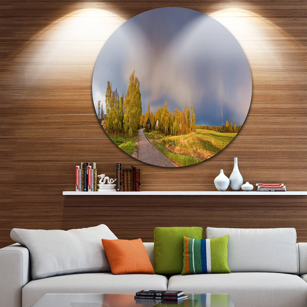Green Field Under Rainbow Sky, Landscape Photo Disc Metal Artwork, 36"