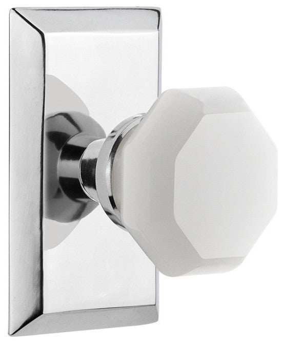 Studio Plate Passage Waldorf White Milk Glass Knob, Bright Chrome