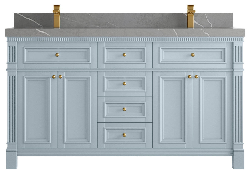 Paris 60" Double Sink Bathroom Vanity, Blue Heather 2" Piatra Gray