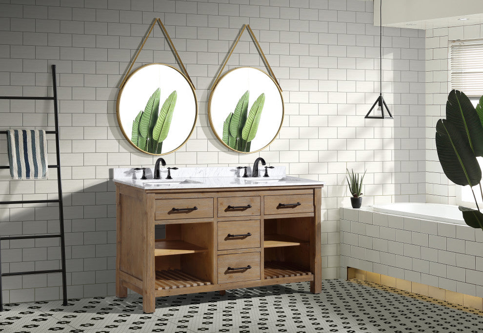Lauren 60" Bathroom Vanity, Weathered Fir Finish, Italian Carrara Marble