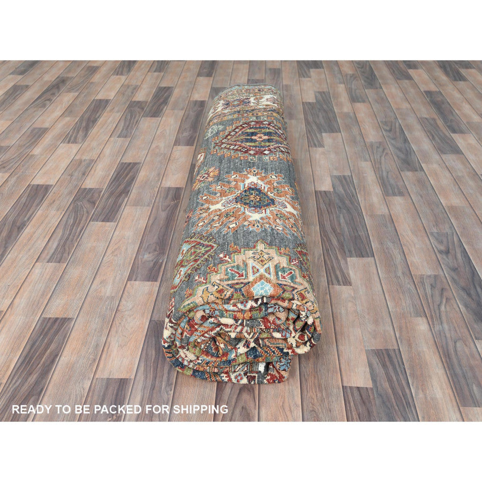 Stone Gray, Extra Soft Wool, Hand Knotted Afghan Super Kazak Rug, 10'3"x13'10"
