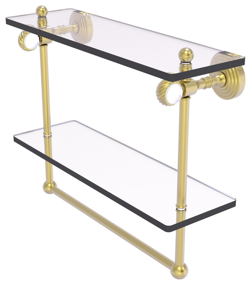 Pacific Grove 16" Double Twisted Glass Shelf with Towel Bar, Satin Brass