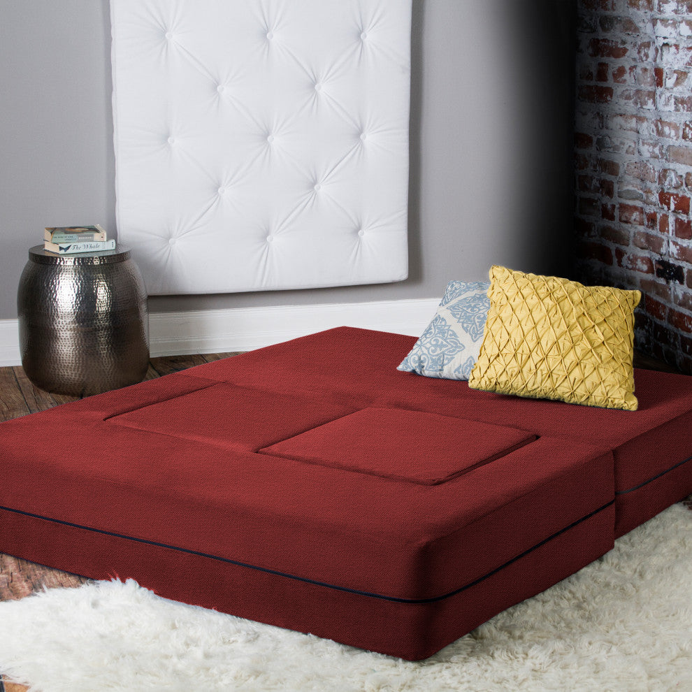 Zipline Convertible Sleeper Loveseat With 2 Ottomans, 3-Piece Set, Tomato