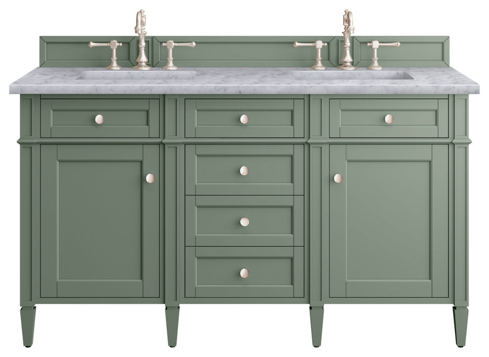 Brittany 60" Double Vanity, Smokey Celadon,  Carrara Marble Top