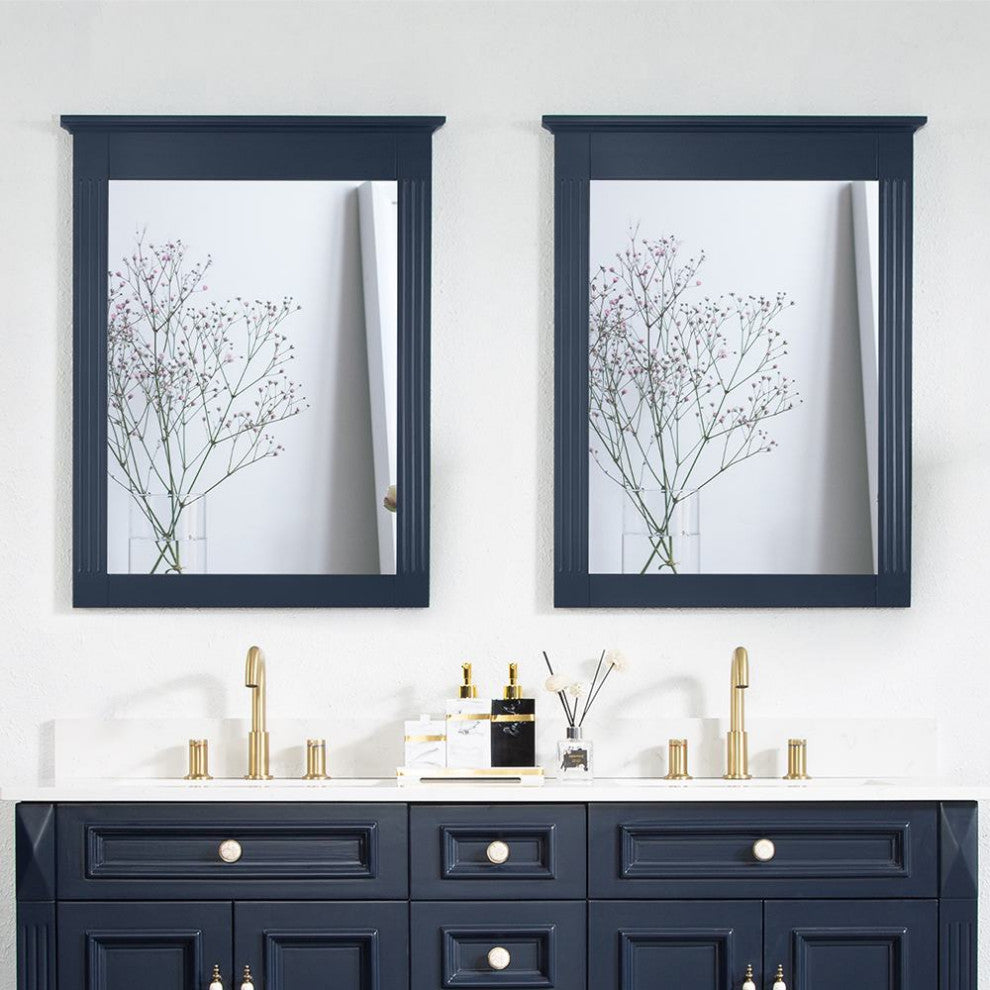 Solid Wood Bathroom Vanity Mirror for Wall Mounted, Navy Blue, 26x33, 2 Pieces
