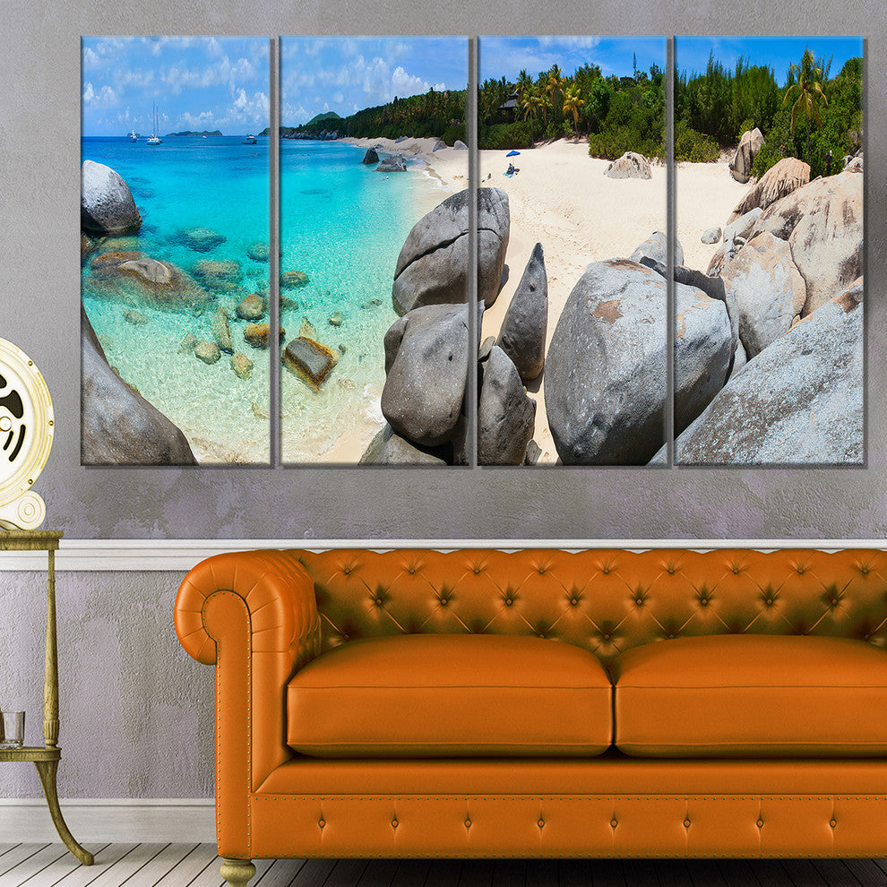 "Turquoise Ocean Water With Rocks" Modern Seascape Wall Art, 4 Panels, 48"x28"