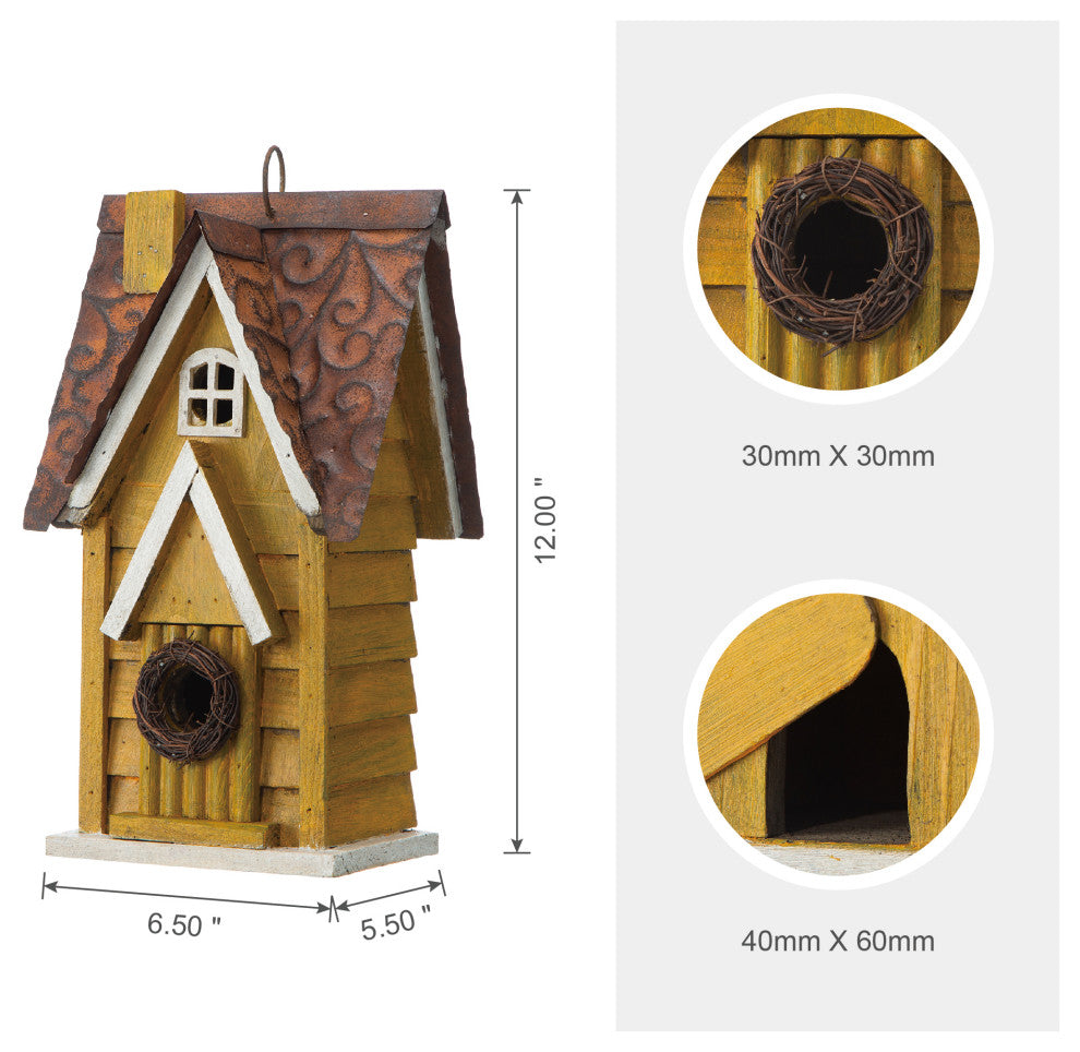 12"H Retro Distressed Solid Wood Cottage Birdhouse