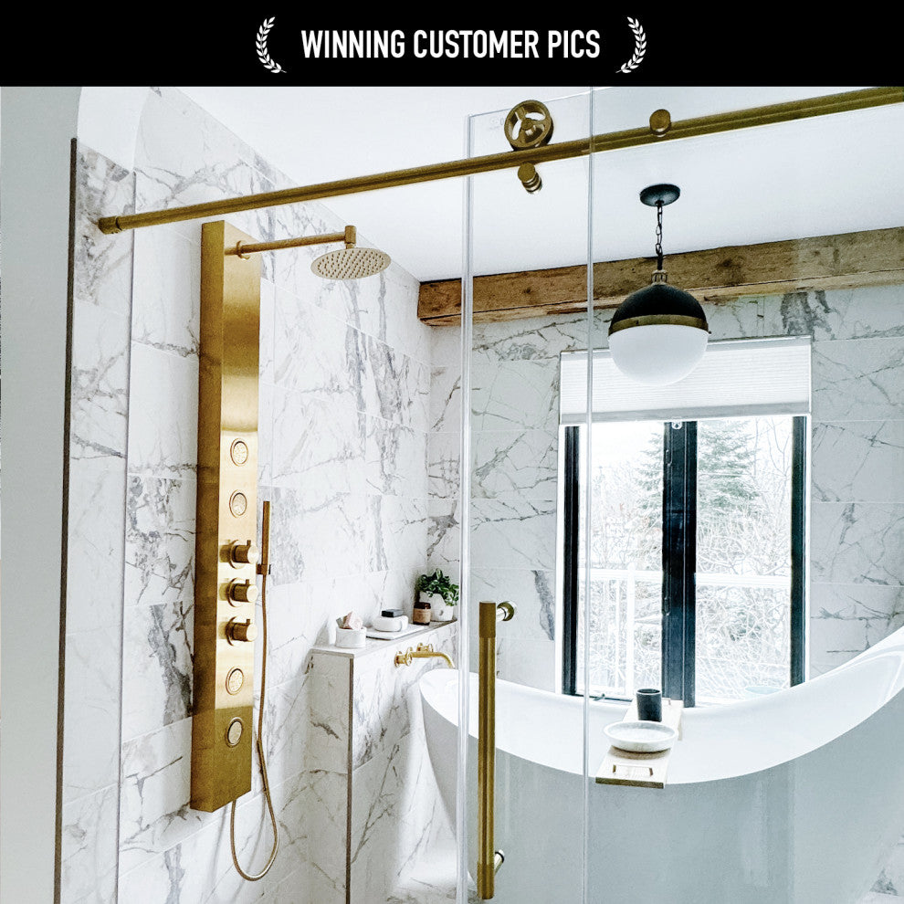 VIGO Elan Cass Aerodynamic 68" to 72" W x 76" H Frameless Sliding Shower Door, Matte Brushed Gold, Clear Glass