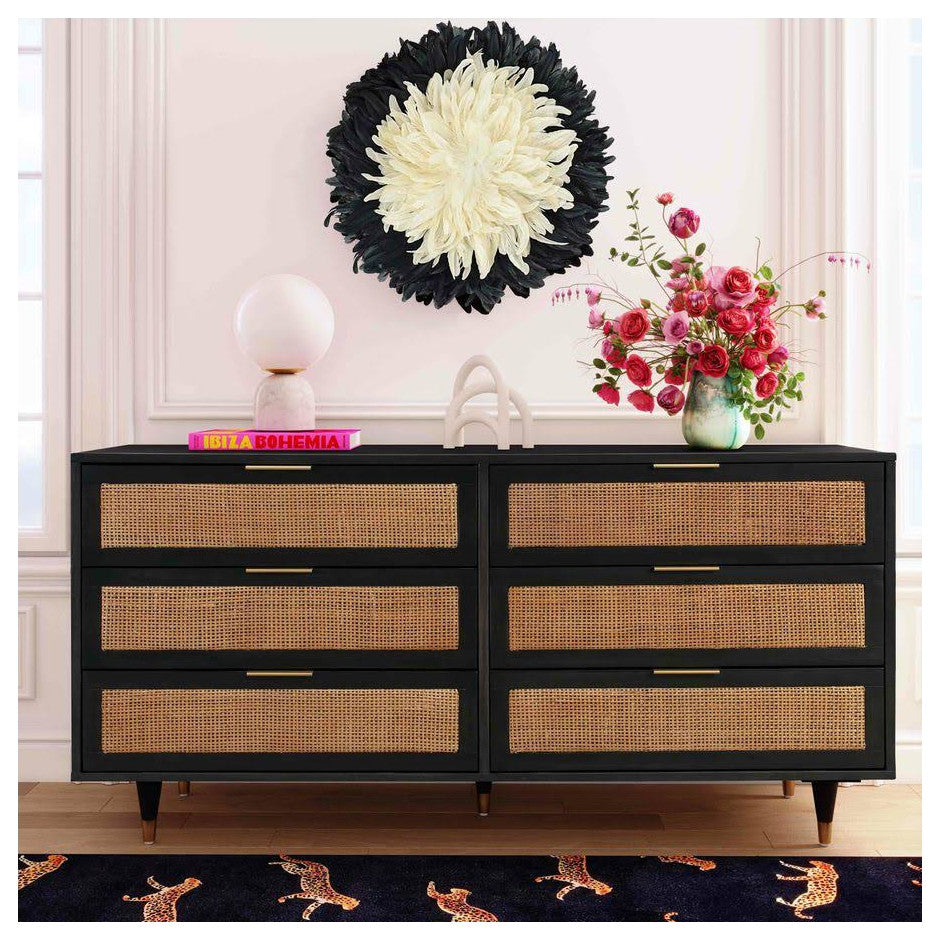 Sierra 6 Drawer Dresser, Beach Rattan Cabinet, Jungle Wicker Chest, Noir