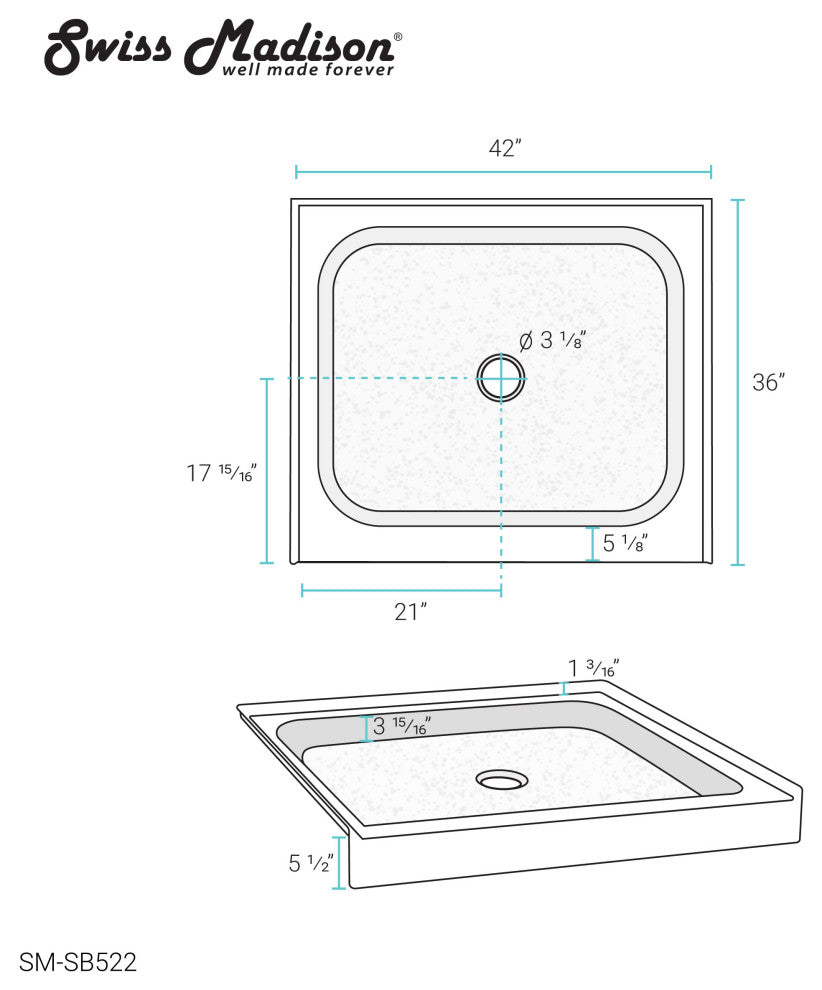 Voltaire 42"x36" Acrylic White, Single-Threshold, Center Drain, Shower Base