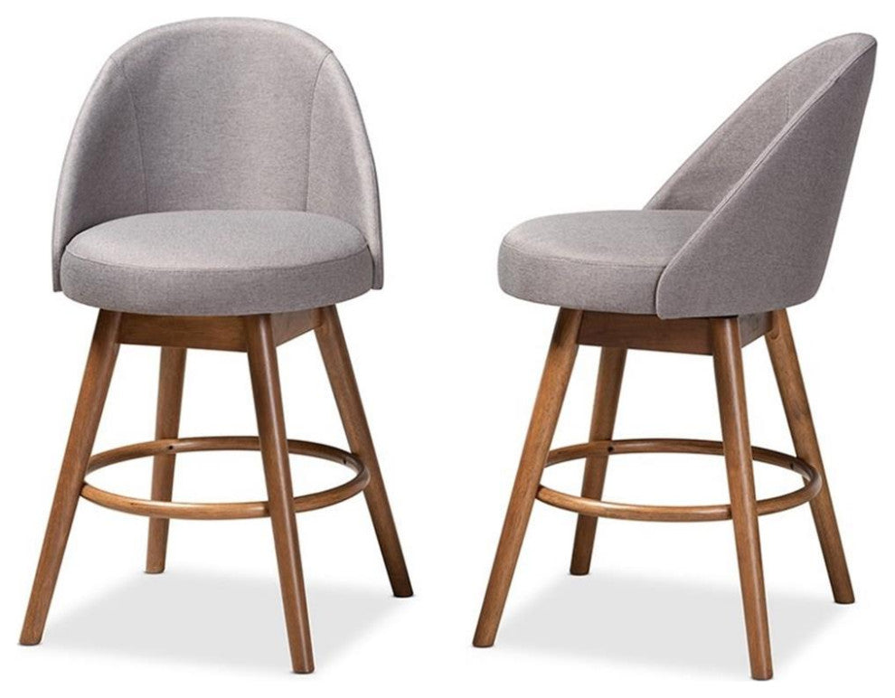 Bowery Hill Gray Upholstered Wood Swivel Counter Stool in Walnut (Set of 2)