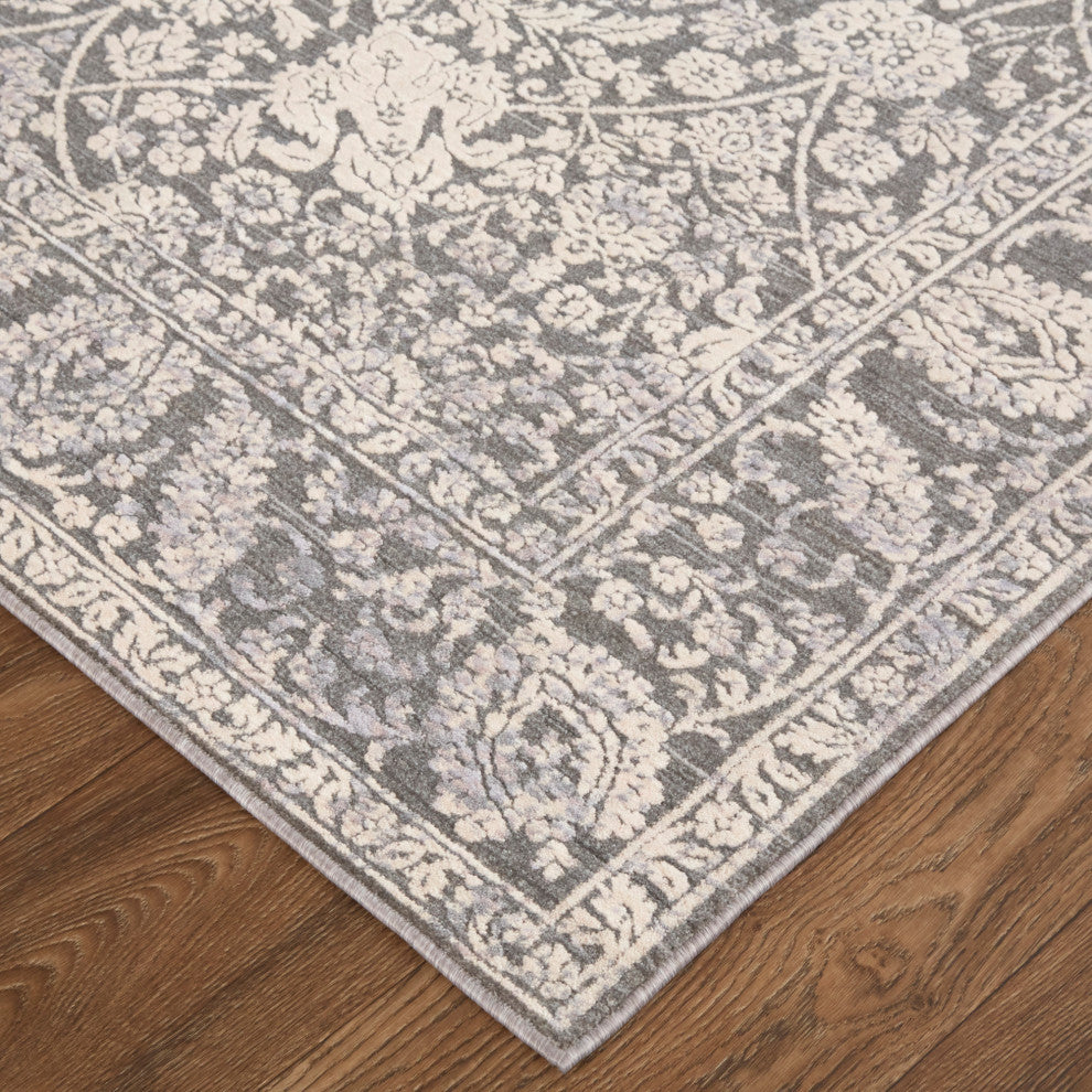 Weave & Wander Sybil Transitional Oriental Style Rug, Charcoal/Bone White, 9' X
