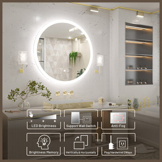 Round LED Bathroom Mirror With Front Lights, Anti-Fog/Dimmable, 36" Diameter
