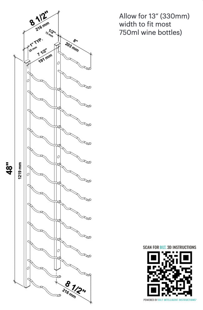 W Series Wine Rack 4 Wall Mounted Metal Bottle Storage, Gunmetal, 24 Bottles (Double Deep)