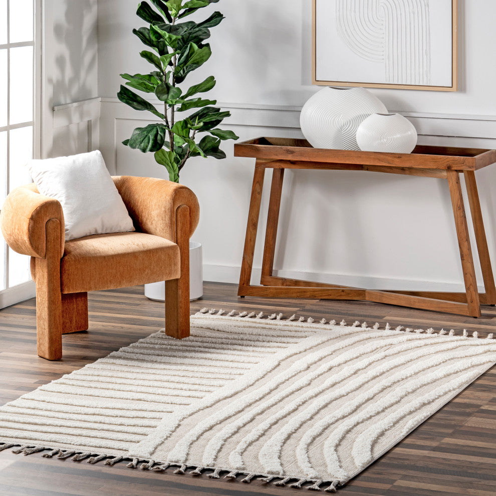 Nuloom Ianthe Abstract Stripes High-Low Tasseled Rug, Beige 5' x 7' 6"