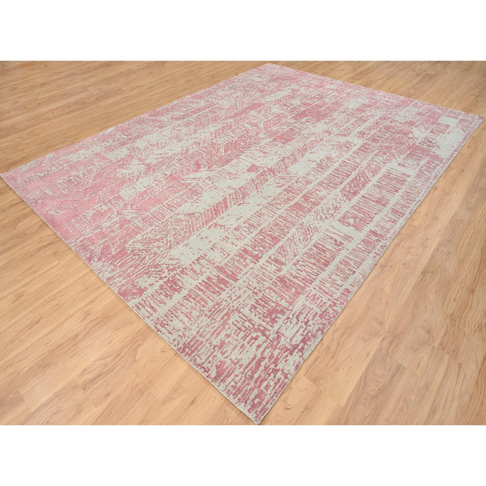 Rose Pink Jacquard Hand Loomed All Over Design Wool and Silk Rug, 9'0"x11'9"