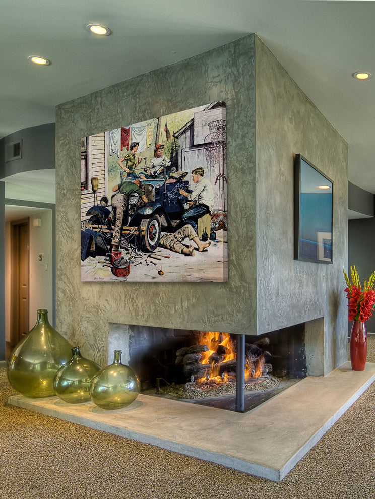 "Working on the Jalopy" Painting Print on Canvas by Stevan Dohanos