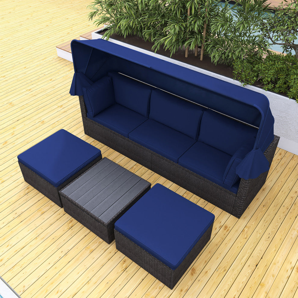 4-Piece Outdoor Wicker Sectional Patio Daybed with Canopy and Ottoman, Black Blu