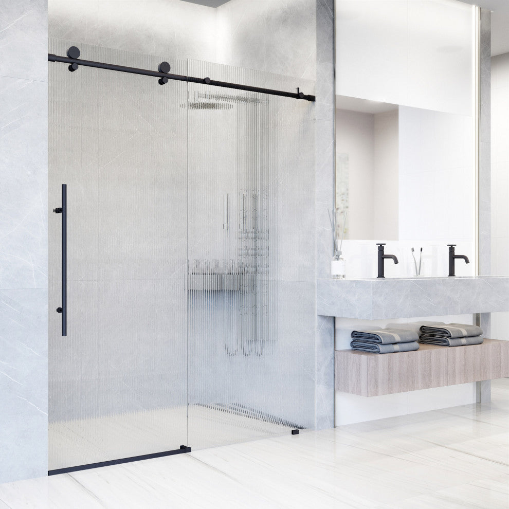VIGO Elan E-Class 56" to 60" W x 76" H Frameless Sliding Shower Door, Matte Black, Fluted Glass, Left