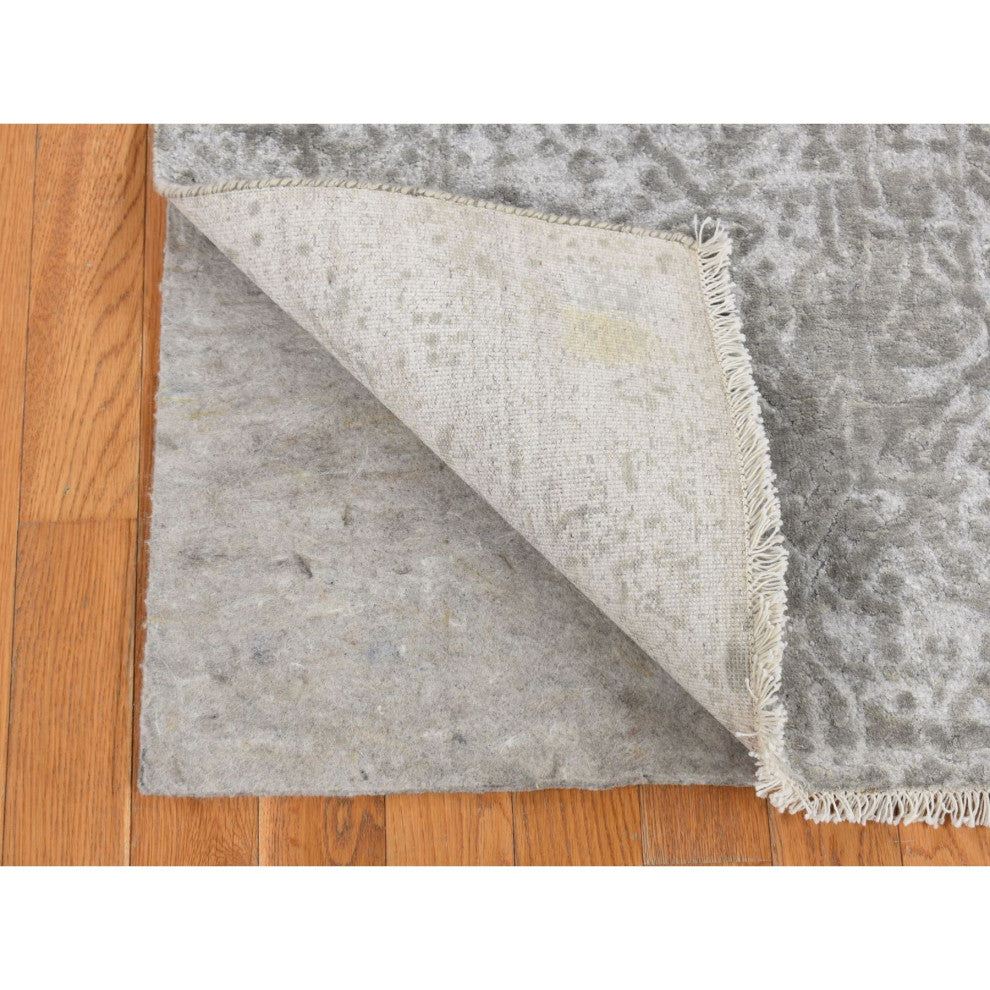Gray, Abstract Design Wool and Pure Silk Hand Knotted Runner Rug, 2'7"x8'
