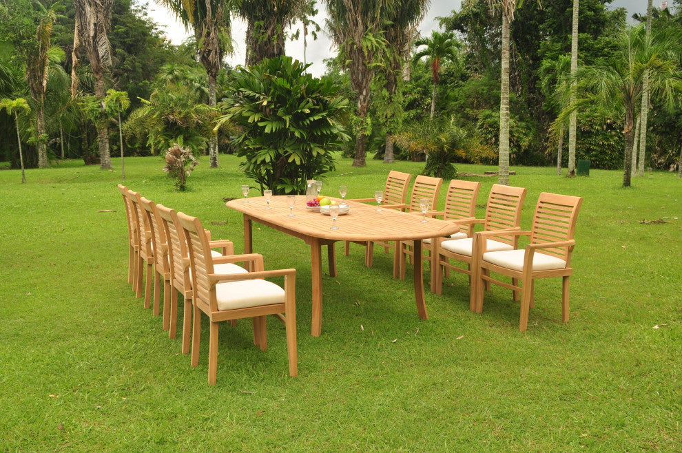 11-Piece Outdoor Teak Dining Set: 117" Oval Table, 10 Mas Stacking Arm Chairs