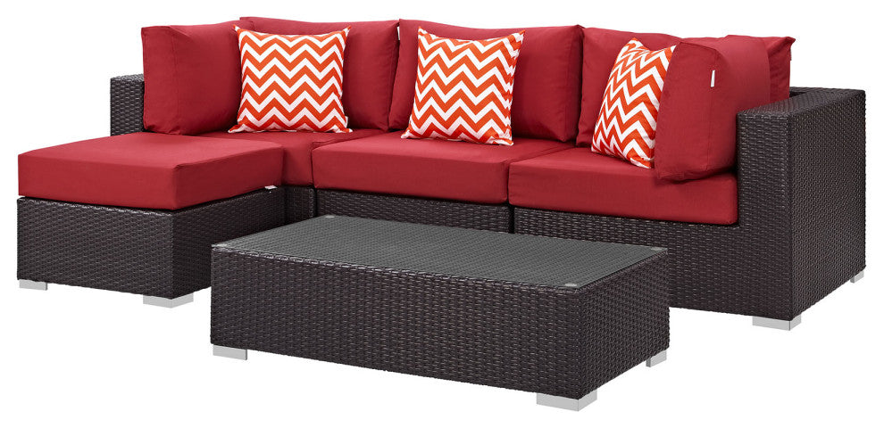 Espresso Red Convene 5 Piece Outdoor Patio Sectional Set