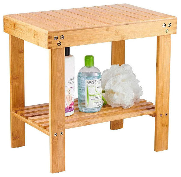 Bamboo Rectangle Deluxe Spa Bench Seat 17" With Shelf Shower Bathroom and More