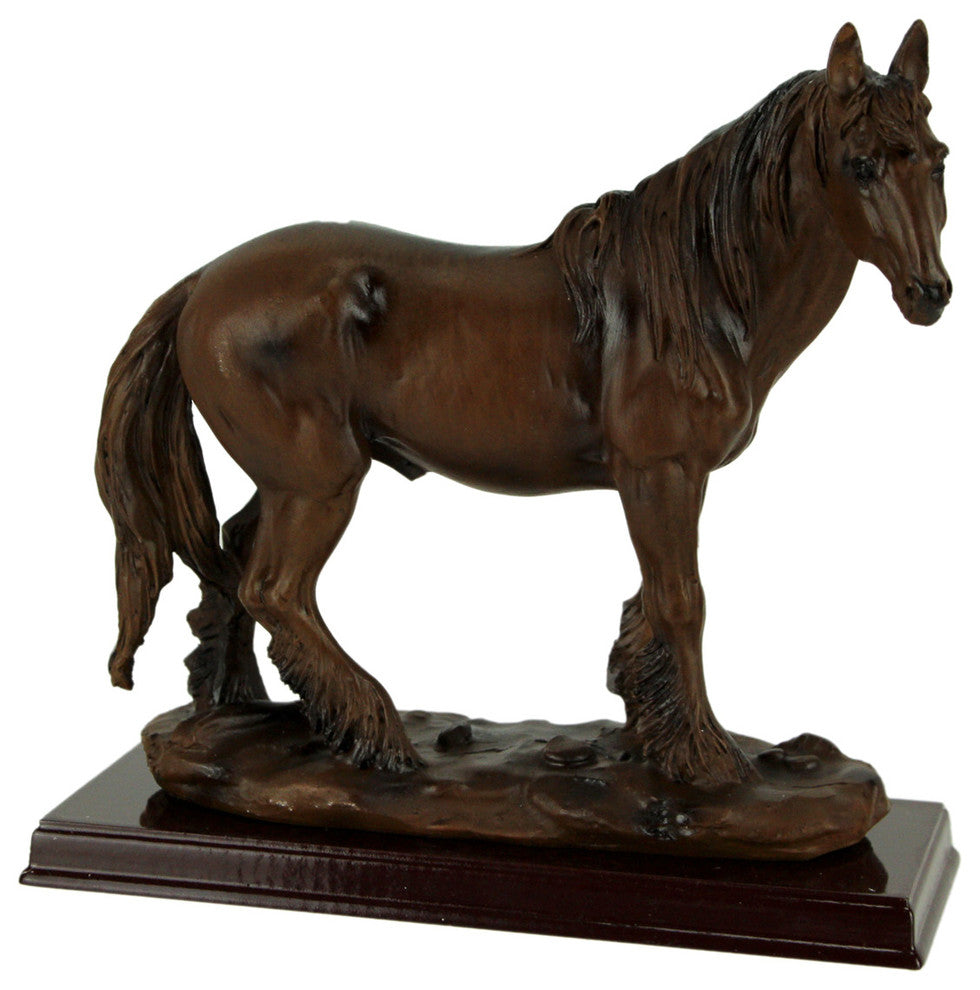 Brown Feathered Foot Standing Horse Statue On Wood Base