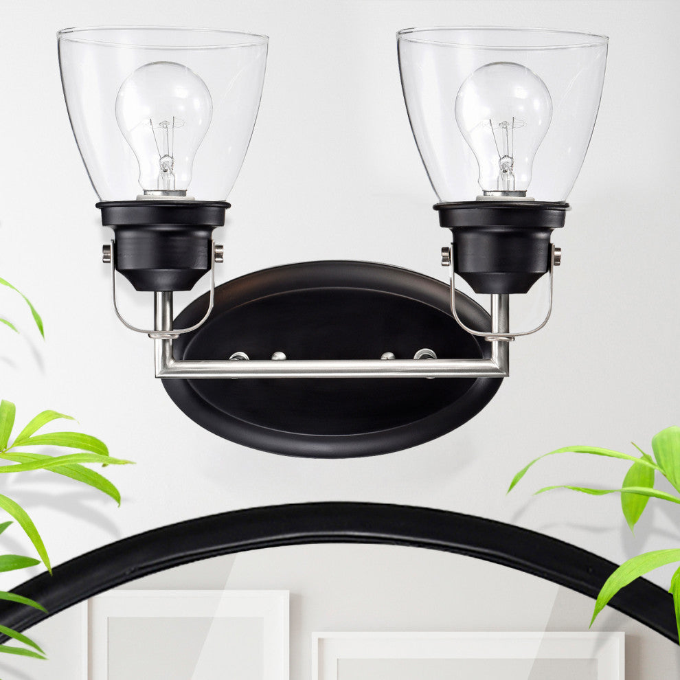 2-Light Black and Brushed Nickel Finish Vanity Lights With Clear Glass Shades