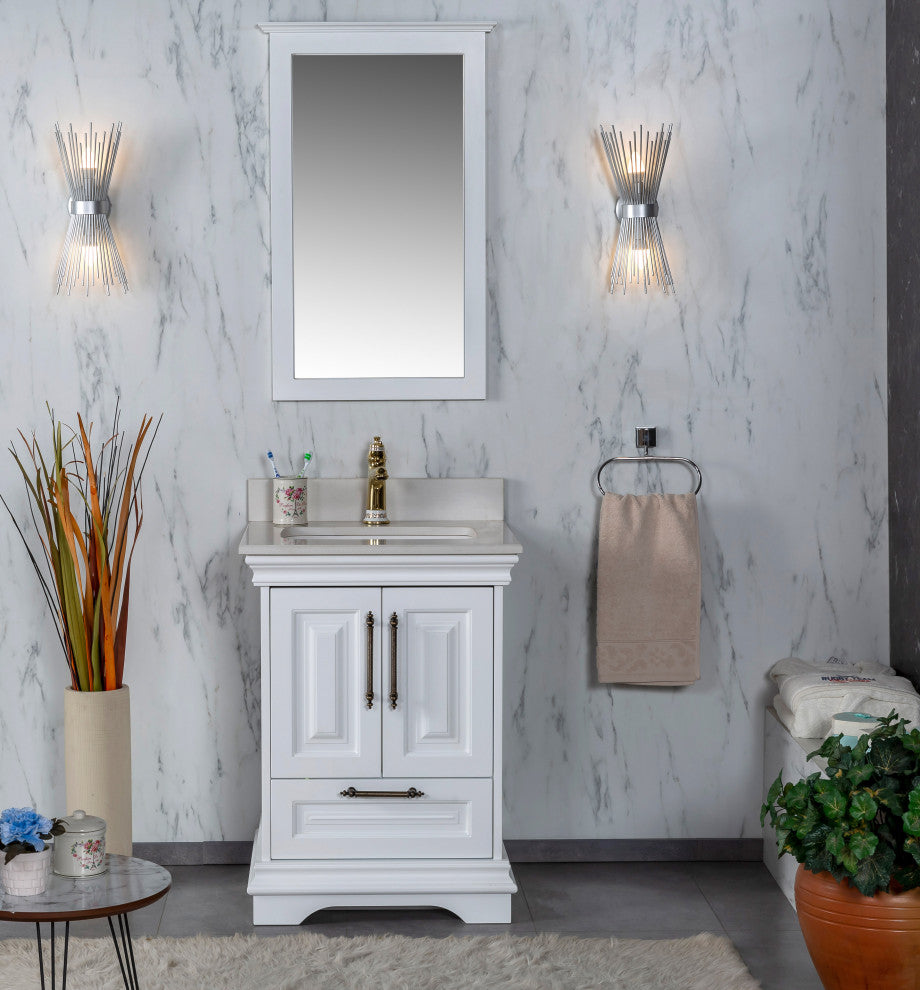 Romana Collection 24" Bathroom Vanity With Sink, Mirror, Countertop, White