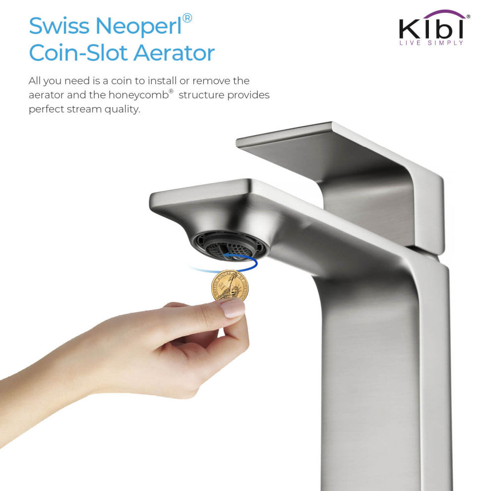 KIBI Mirage Single Handle Bathroom Faucet, Brush Nickel, With Drain