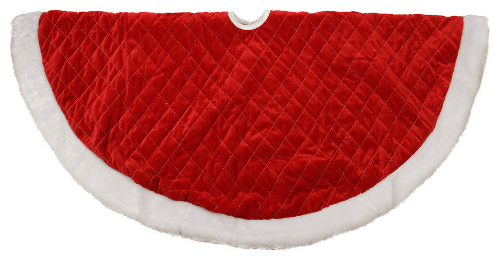 48" Red Quilted Velvet Faux Fur Bordered Tree Skirt