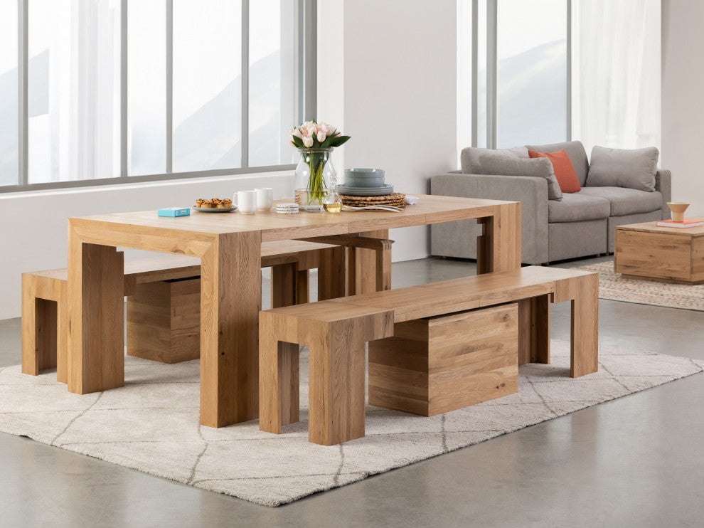 Transformer Table Dining Table Set With 2 Benches, Natural