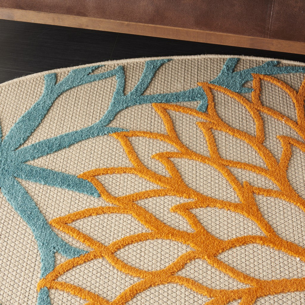 8 Round Orange Floral Outdoor Area Rug