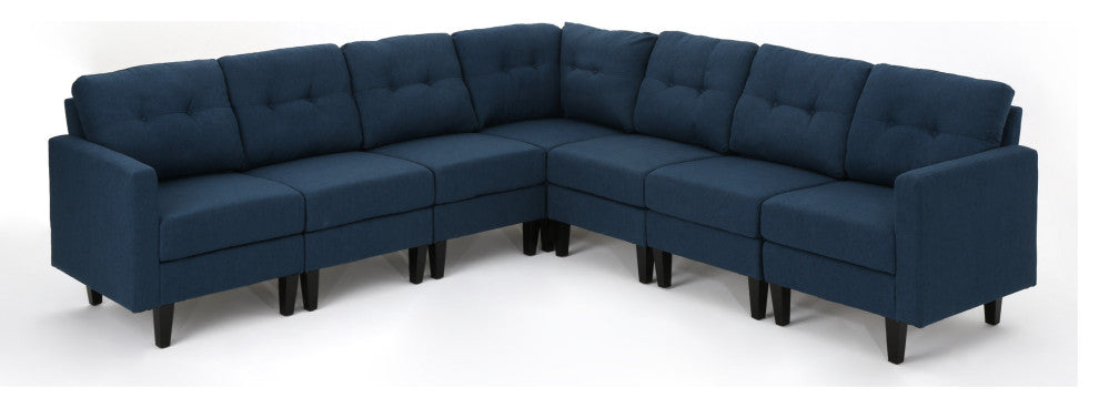 GDF Studio 7-Piece Niya Mid Century Modern Fabric Extended Sectional Sofa, Navy Blue