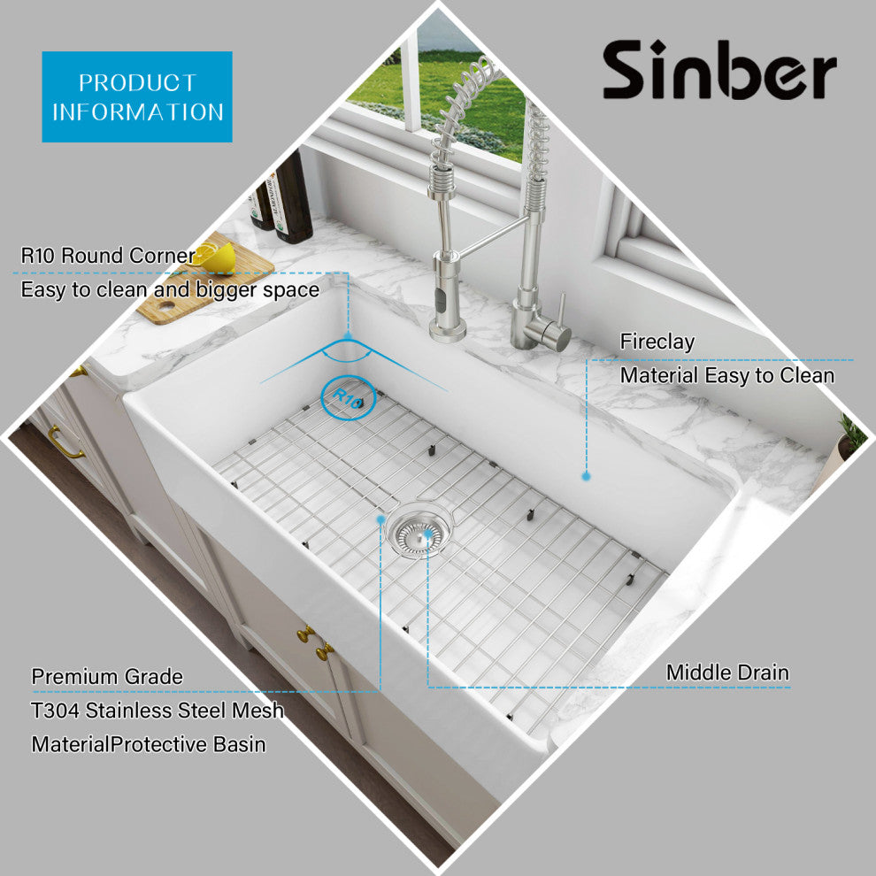 Sinber Farmhouse Apron Single Bowl Kitchen Sink with Fireclay 2 Accessories, White, 33" X 20"