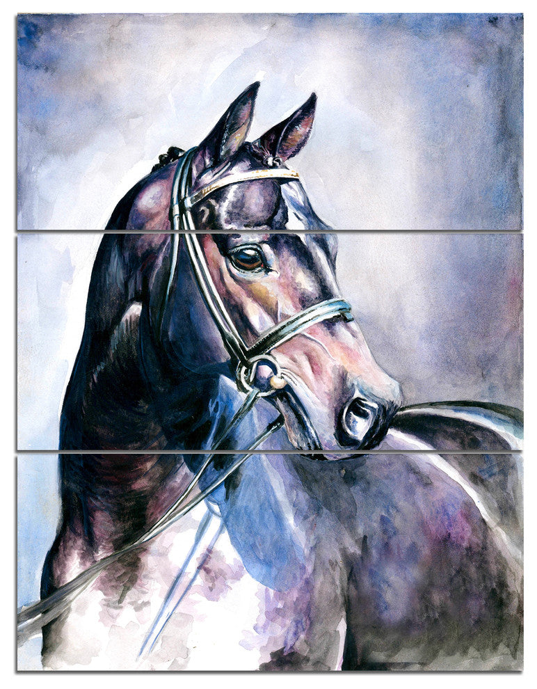 Black Horse with Bridle, Abstract Triptych Canvas Art Print, 28x36, 3 Panels
