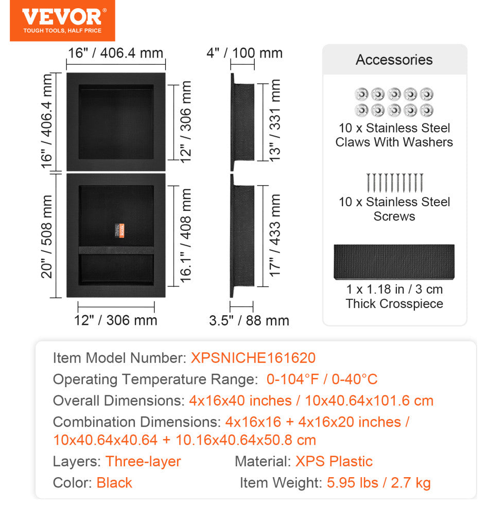 VEVOR Shower Niche 16x16" &16x20" Triple Shelf Wall-inserted for Shower Bathroom