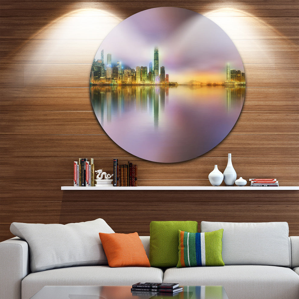 Hong Kong Panorama At Twilight, Cityscape Photo Disc Metal Artwork, 36"