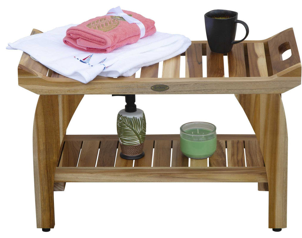 HomeRoots Rectangular Teak Shower Bench With Handles, Natural Finish
