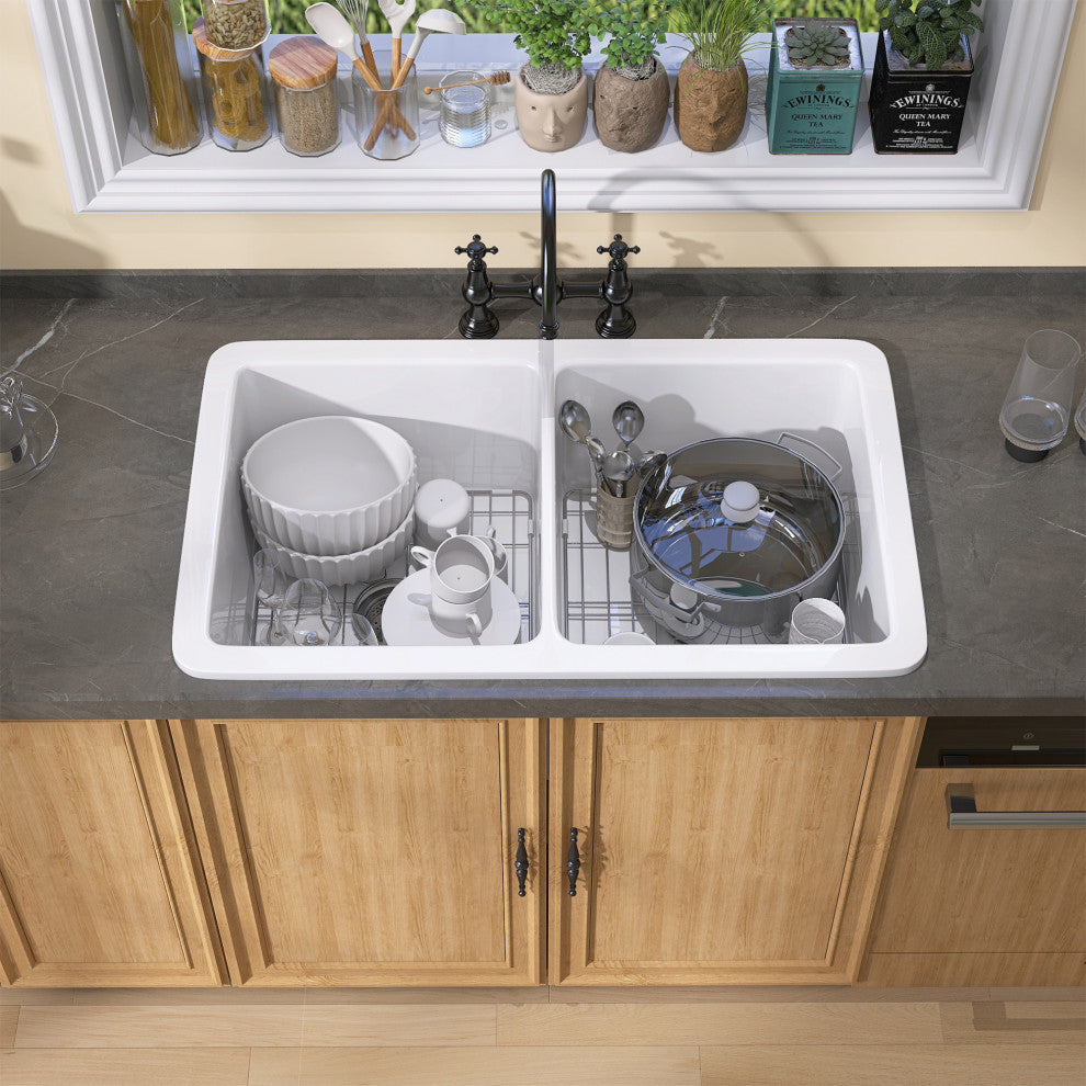 32"Lx19"W Drop-In Double Bowl Farmhouse Fireclay Kitchen Sink With Accessories