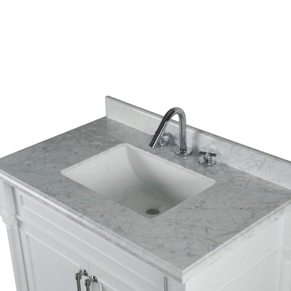 36" Single Vanity, White With White Carrara Marble Top