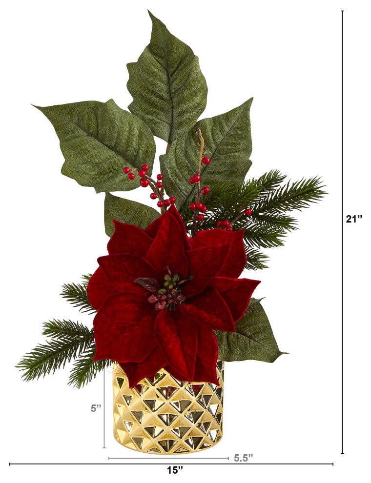 21" Poinsettia, Berries and Pine Artificial Arrangement, Gold Vase